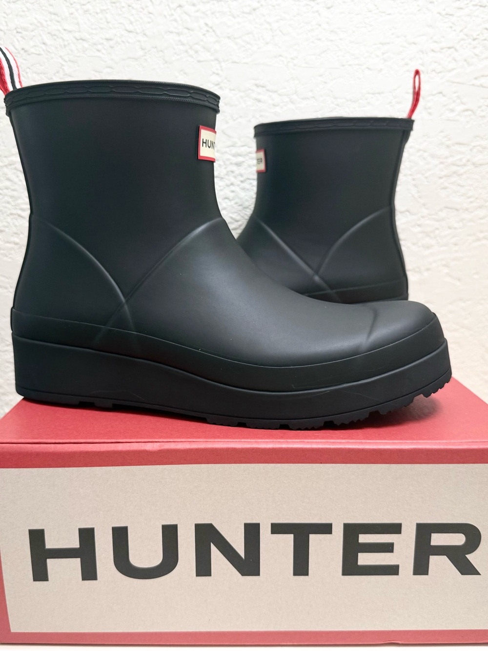 Hunter Black Womens Play Short Waterproof Boots with Red Trim Logo